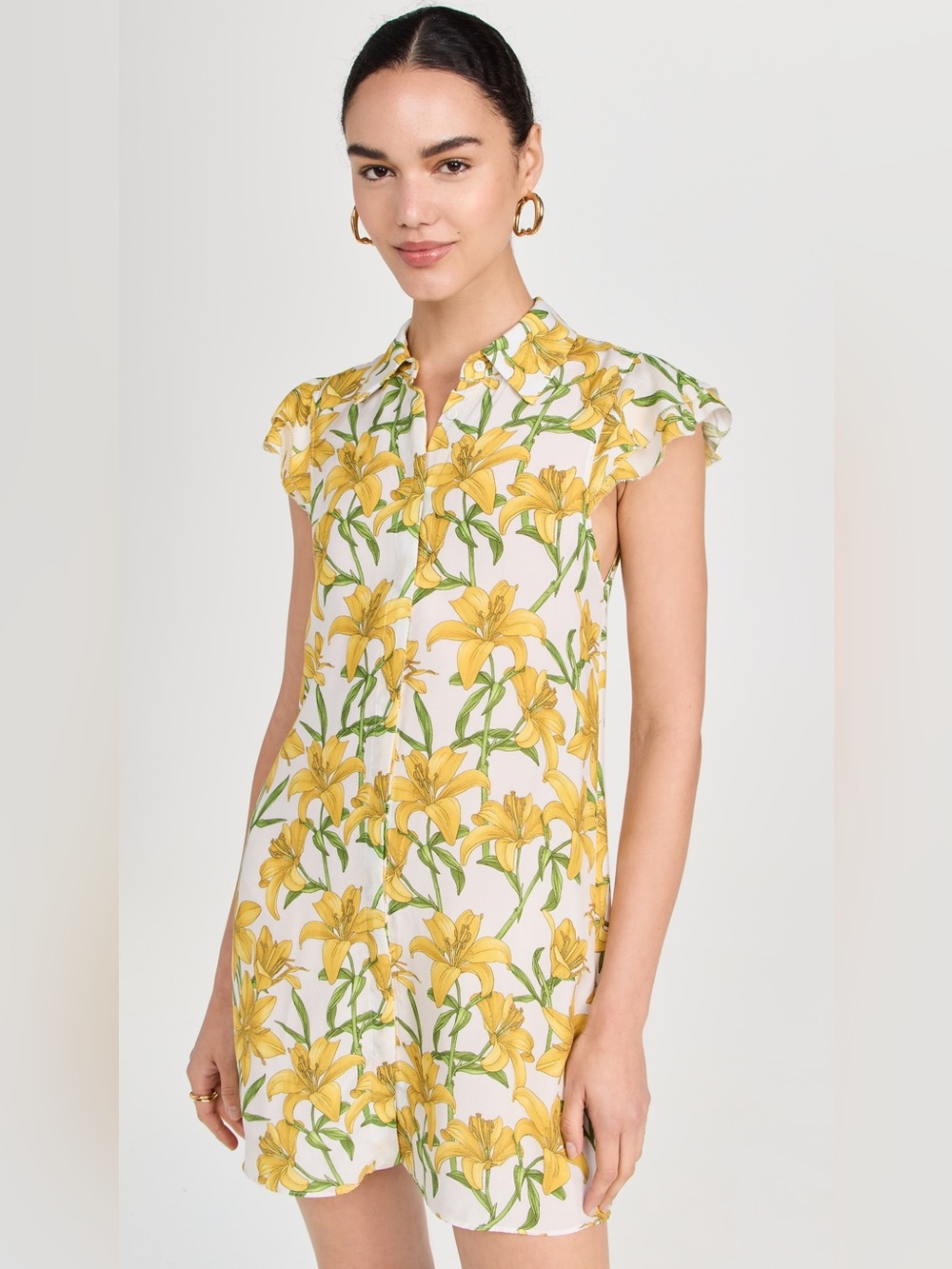Alice + Olivia Jem Floral Lily Ruffle Sleeve Mini Shirtdress Yellow White Size M